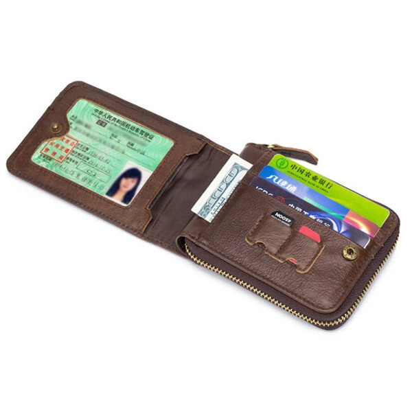 (image for) BULLCAPTAIN Men Short Wallet RFID Blocking Card Holder Cowhide Coin Purse Retro Genuine Leather Clutch Zipper Male Money Bags